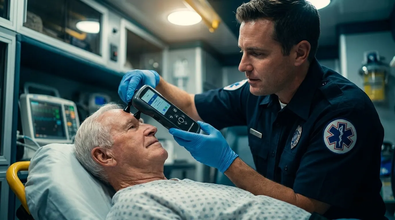 Socorrista usa o Infrascanner em paciente idoso dentro da ambulância